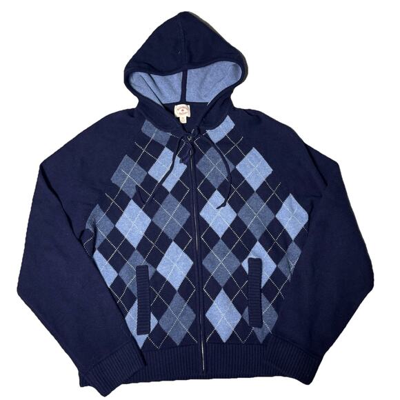 BROOKS BROTHERS RED FLEECE LAMBSWOOL BLUE ARGYLE HOODED ZIP SWEATER XXL - Picture 1 of 5